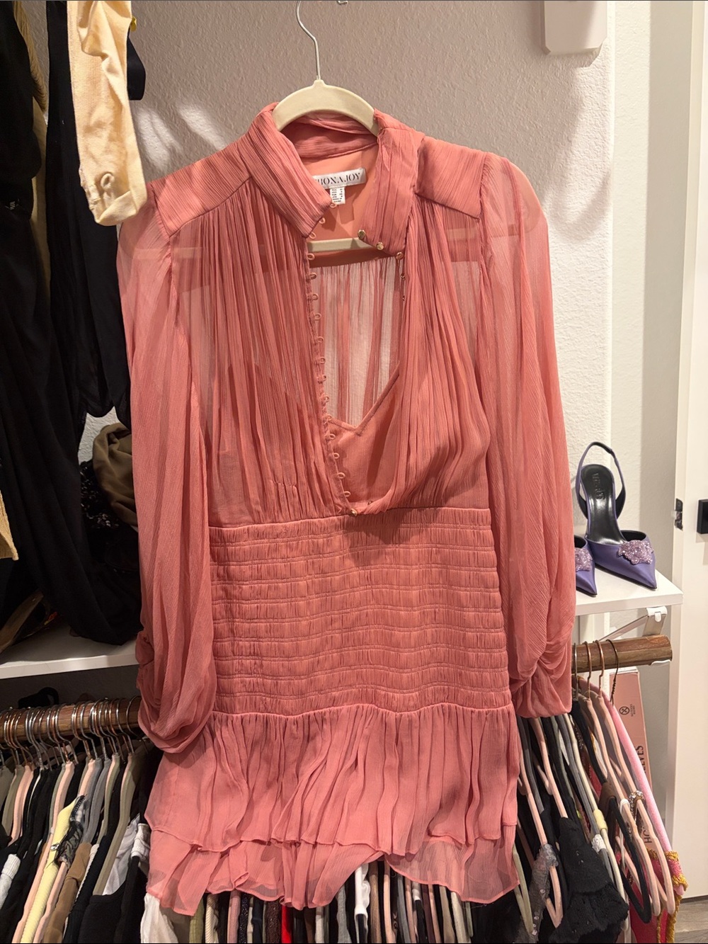 SHONA JOY. Coral Pink Pleated Silk Dress